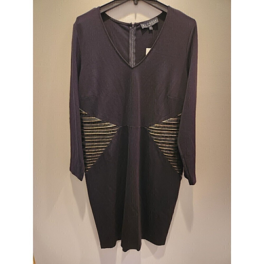 Eloquii Black Dress Gold Zipper Accents at sides for slimming effect long Sleeve